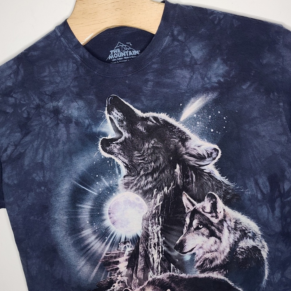 The Mountain Wolf Family Howling Bark at Moon Wolves Dog Blue T-Shirt Men's L